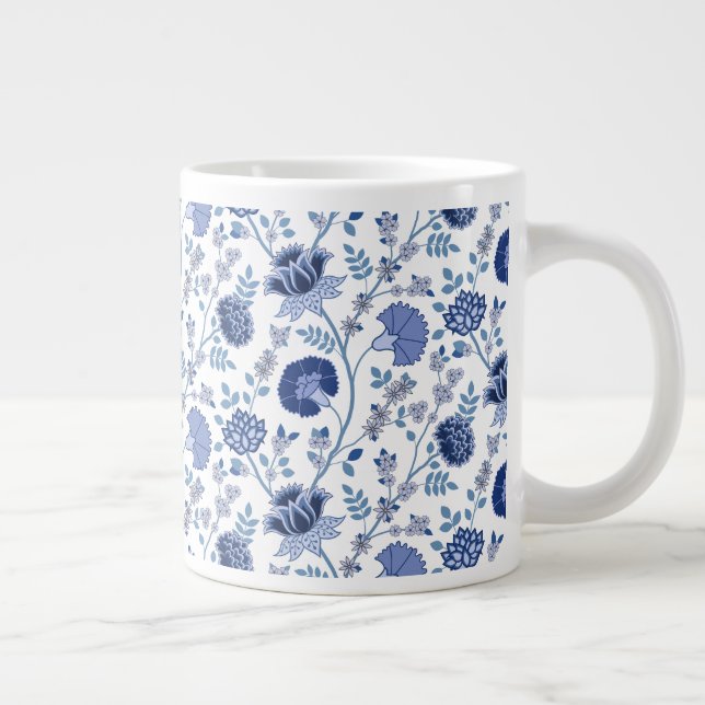 Jacobean Floral Pattern Blues on White Giant Coffee Mug (Right)