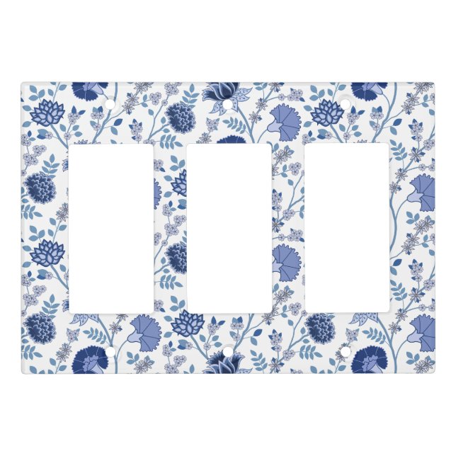 Jacobean Floral Pattern Blues on White Light Switch Cover (Front)