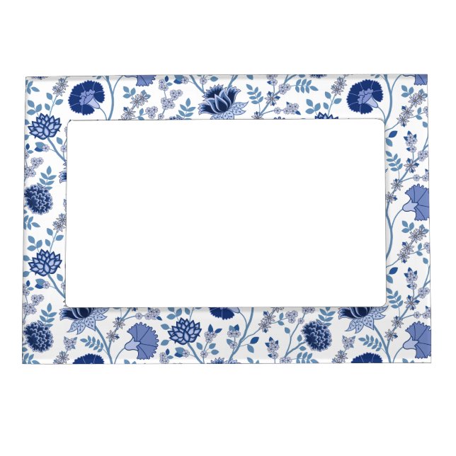 Jacobean Floral Pattern Blues on White Magnetic Frame (Front)