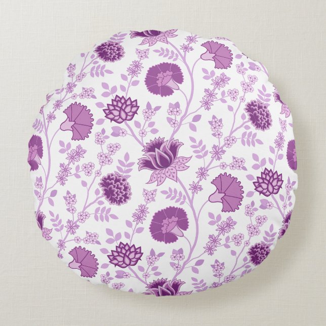 Jacobean Floral Pattern Pinks on White Round Pillow (Front)