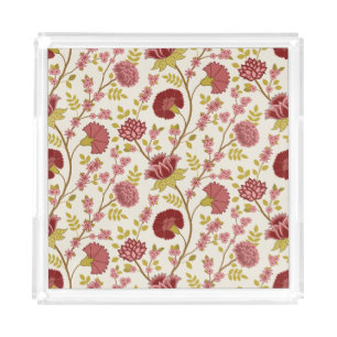 Jacobean Floral Pattern Reds Pinks Gold Cream Acrylic Tray
