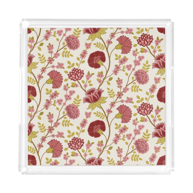 Jacobean Floral Pattern Reds Pinks Gold Cream Acrylic Tray (Front)