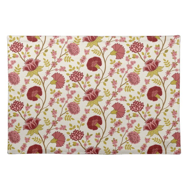 Jacobean Floral Pattern Reds Pinks Gold Cream Cloth Placemat (Front)