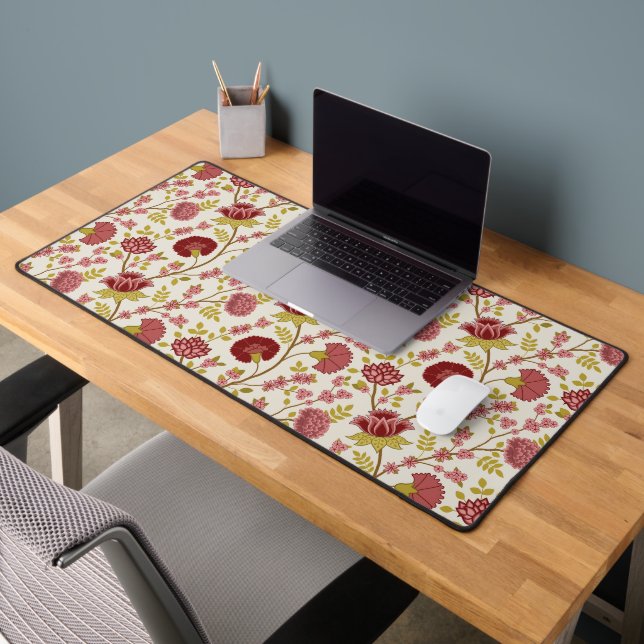 Jacobean Floral Pattern Reds Pinks Gold Cream Desk Mat (Office 2)