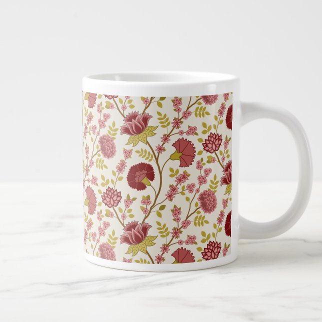 Jacobean Floral Pattern Reds Pinks Gold Cream Giant Coffee Mug (Right)