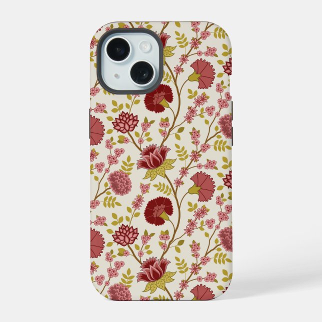 Jacobean Floral Pattern Reds Pinks Gold Cream iPhone 15 Case (Back)