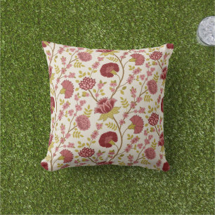 Jacobean Floral Pattern Reds Pinks Gold Cream Outdoor Pillow