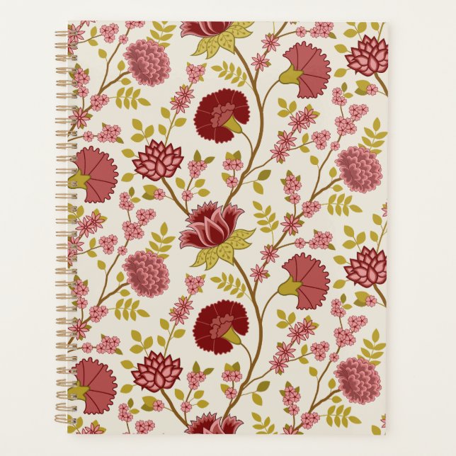 Jacobean Floral Pattern Reds Pinks Gold Cream Planner (Front)