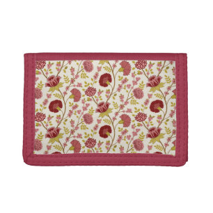 Jacobean Floral Pattern Reds Pinks Gold Cream Trifold Wallet
