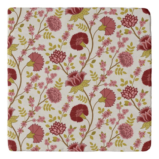 Jacobean Floral Pattern Reds Pinks Gold Cream Trivet (Front)