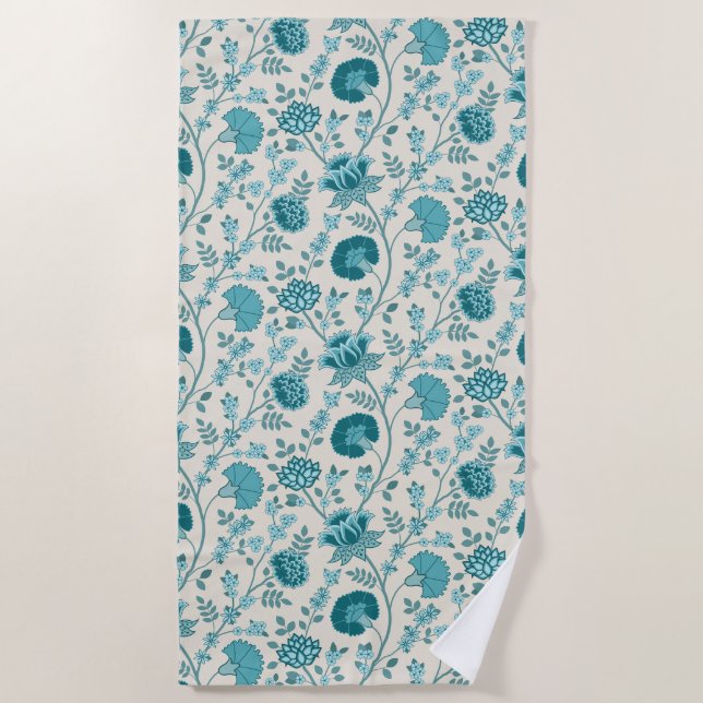Jacobean Floral Pattern Teals on Cream Beach Towel (Front)