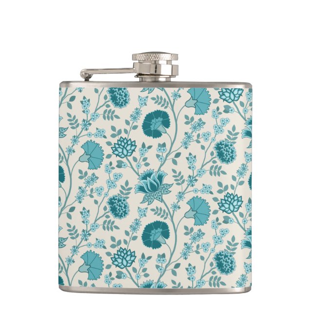 Jacobean Floral Pattern Teals on Cream Flask (Front)