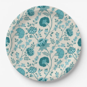 Jacobean Floral Pattern Teals on Cream Paper Plates