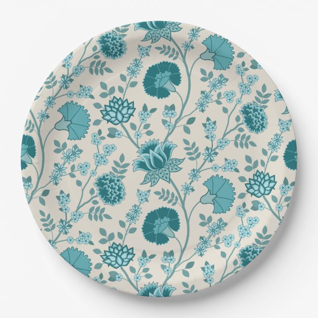 Jacobean Floral Pattern Teals on Cream Paper Plates (Front)