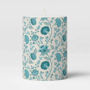 Jacobean Floral Pattern Teals on Cream Pillar Candle