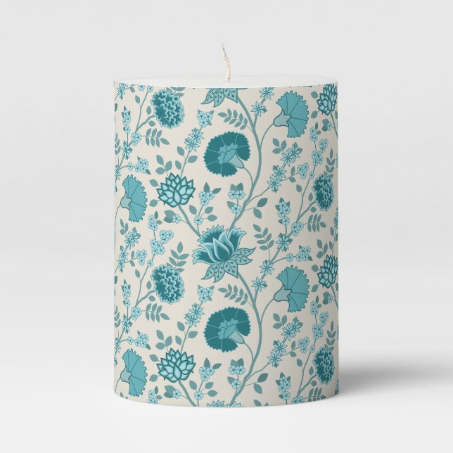 Jacobean Floral Pattern Teals on Cream Pillar Candle (Front)