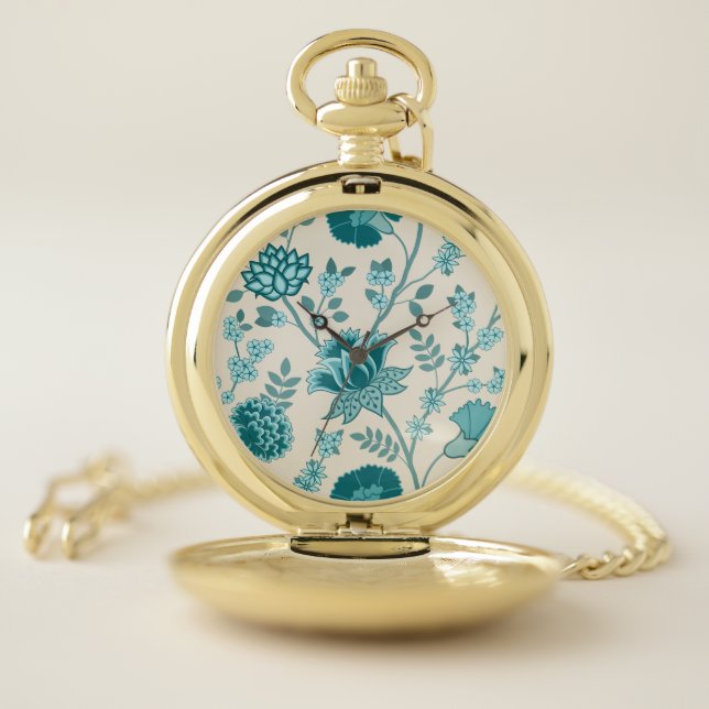 Jacobean Floral Pattern Teals on Cream Pocket Watch (Inside)