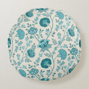 Jacobean Floral Pattern Teals on Cream Round Pillow