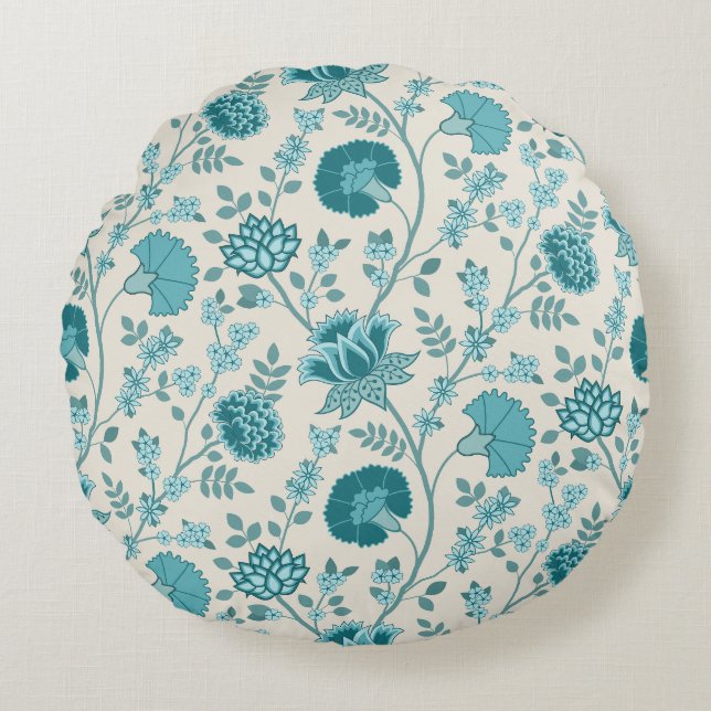 Jacobean Floral Pattern Teals on Cream Round Pillow (Front)