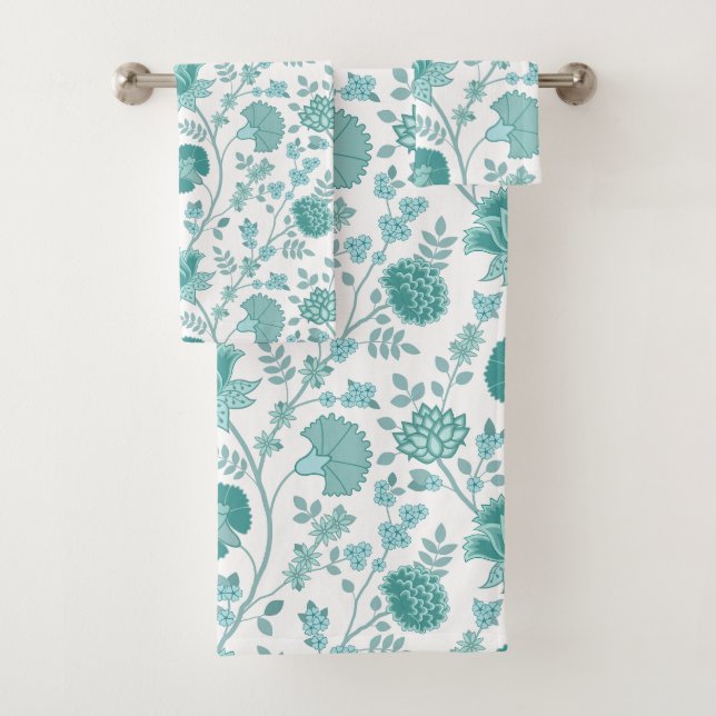 Jacobean Floral Pattern Teals on White Bath Towel Set (Insitu)