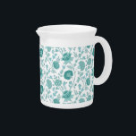 Jacobean Floral Pattern Teals on White Beverage Pitcher<br><div class="desc">Jacobean style floral surface pattern design in contrasting teals/duck egg blues on a white background.</div>