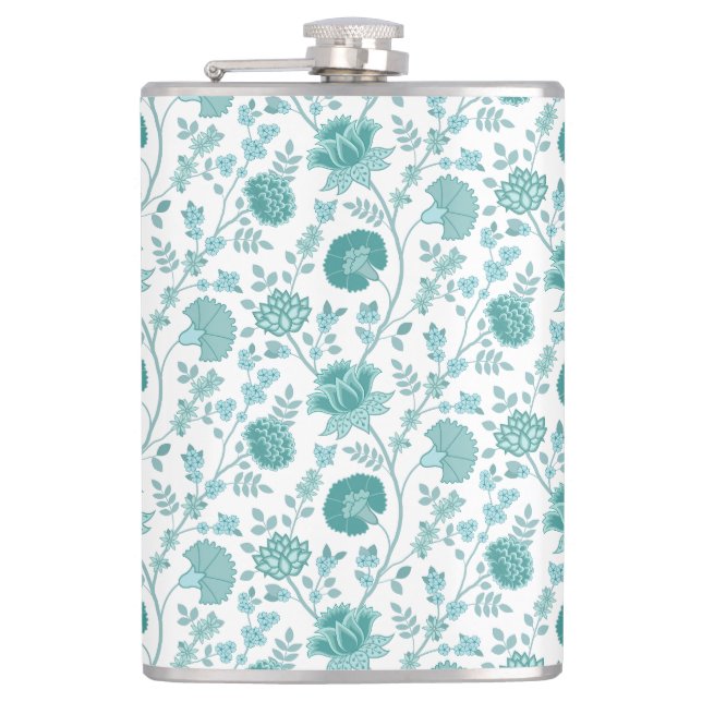 Jacobean Floral Pattern Teals on White Flask (Front)