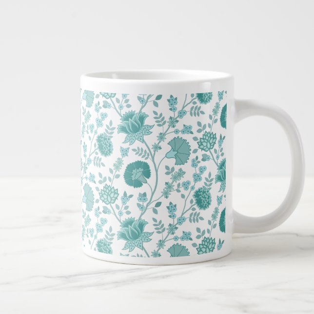 Jacobean Floral Pattern Teals on White Giant Coffee Mug (Right)