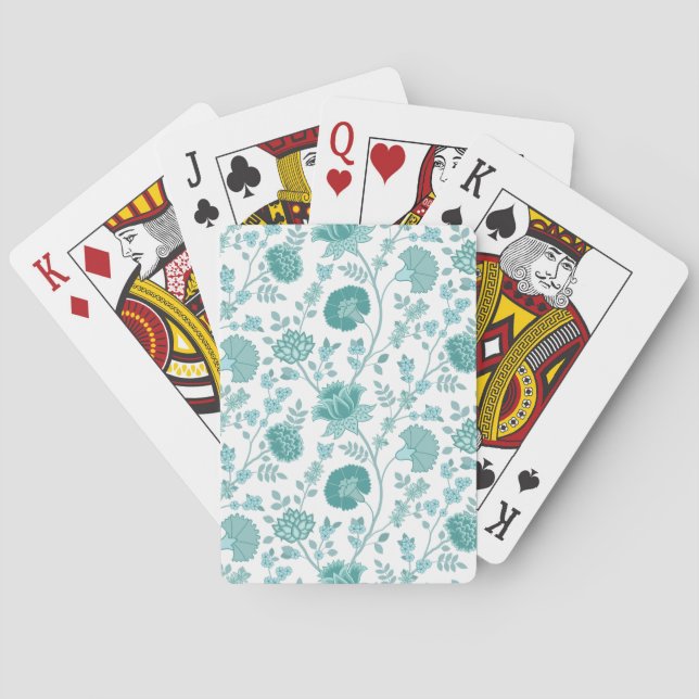 Jacobean Floral Pattern Teals on White Poker Cards (Back)