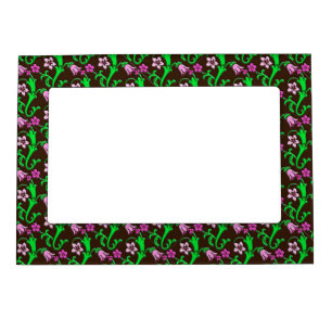 Jacobean floral - pink, green, chocolate magnetic picture frame