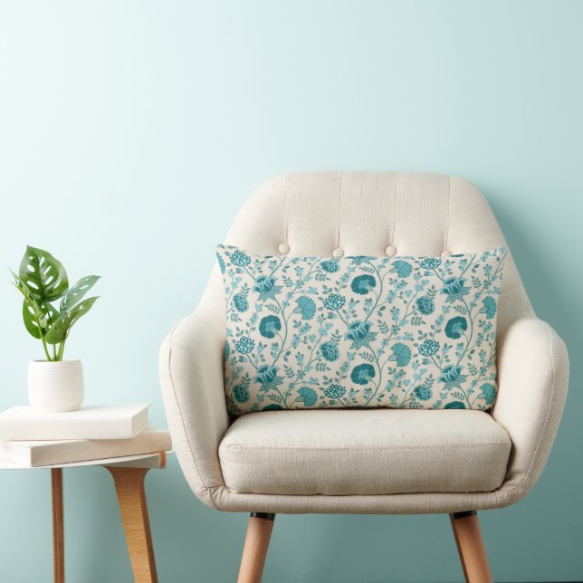 Jacobean Floral Repeat Pattern Teals on Cream Lumbar Pillow (Chair)
