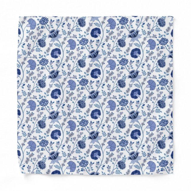 Jacobean Floral Rpt Pattern Blue on White Bandana (Front)