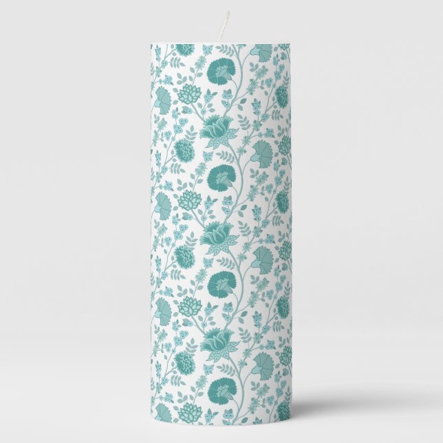 Jacobean Floral Rpt Pattern Teals on White Pillar Candle (Front)