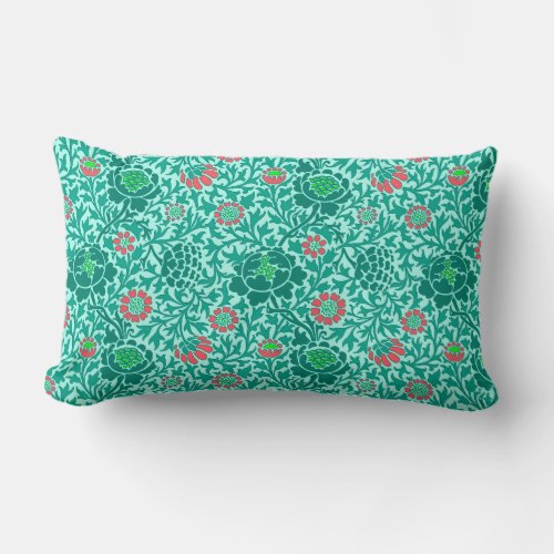 Jacobean Floral Turquoise Aqua and Coral Lumbar Pillow