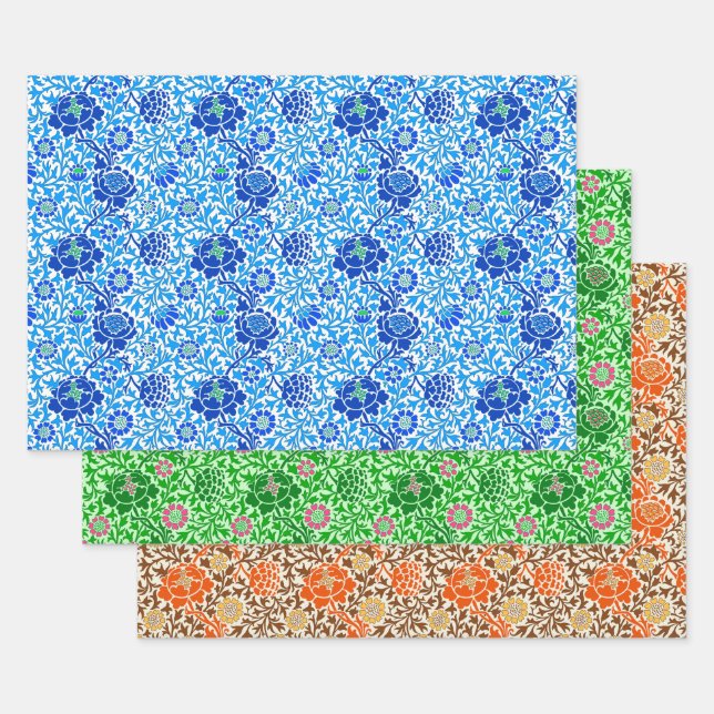 Jacobean Floral Wallpaper, Blue, Green and Orange  Wrapping Paper Sheets (Set)