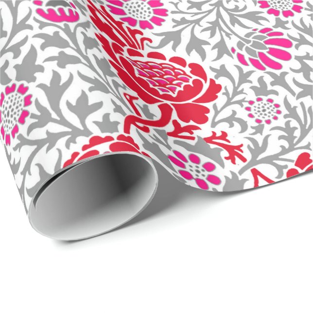 Jacobean Floral Wallpaper, Deep Red, Pink & Gray Wrapping Paper (Roll Corner)