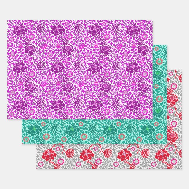 Jacobean Floral Wallpaper, Purple Turquoise & Gray Wrapping Paper Sheets (Set)