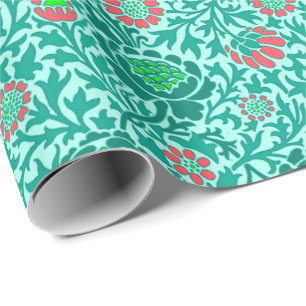 Jacobean Floral Wallpaper, Turquoise, Aqua & Coral Wrapping Paper