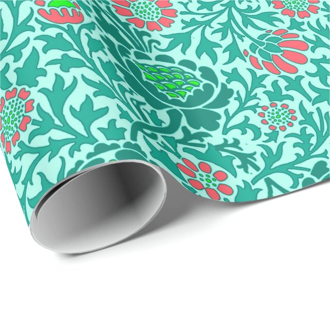 Jacobean Floral Wallpaper, Turquoise, Aqua & Coral Wrapping Paper (Roll Corner)