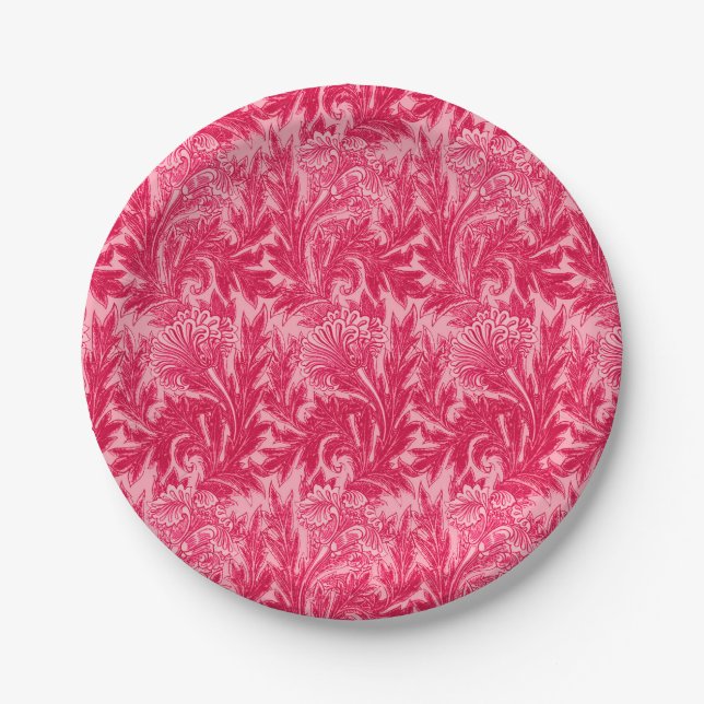 Jacobean Flower Damask, Fuchsia and Light Pink Paper Plates (Front)