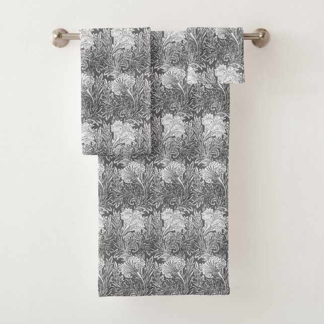 Jacobean Flower Damask, Gray / Grey and White Bath Towel Set (Insitu)