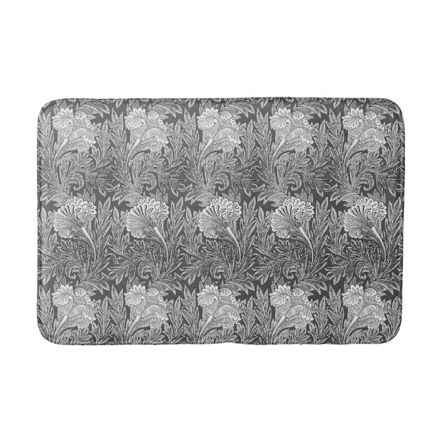 Jacobean Flower Damask, Gray / Grey and White Bathroom Mat (Front)