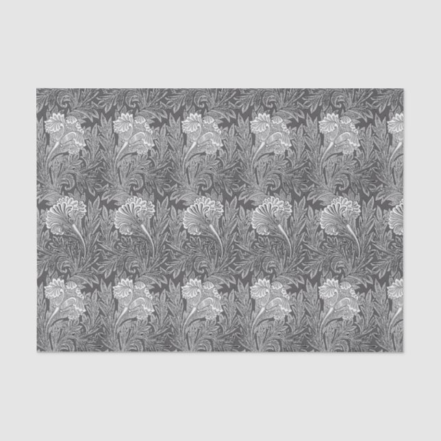 Jacobean Flower Damask, Gray / Grey and White Tissue Paper (Front)