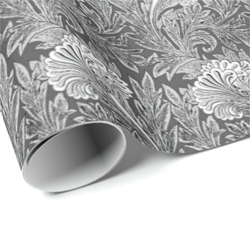 Jacobean Flower Damask Gray  Grey and White Wrapping Paper