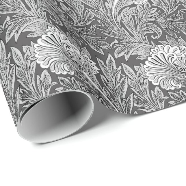 Jacobean Flower Damask, Gray / Grey and White Wrapping Paper (Roll Corner)