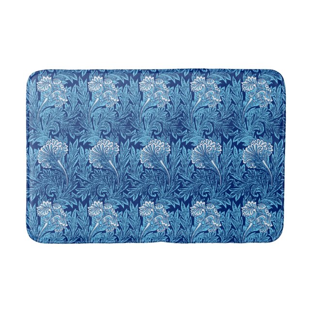 Jacobean Flower Damask, Navy, Sky Blue and White Bathroom Mat (Front)