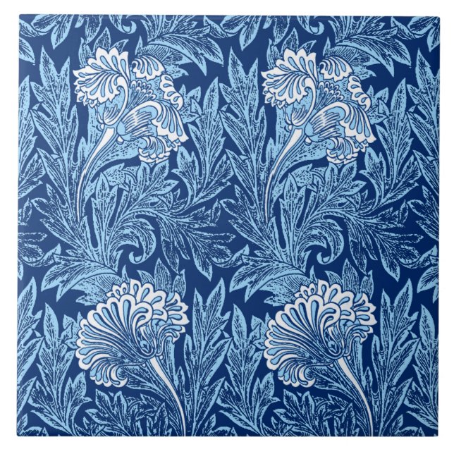 Jacobean Flower Damask, Navy, Sky Blue and White Ceramic Tile (Front)