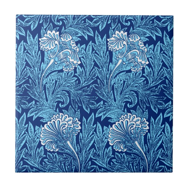Jacobean Flower Damask, Navy, Sky Blue and White  Ceramic Tile (Front)