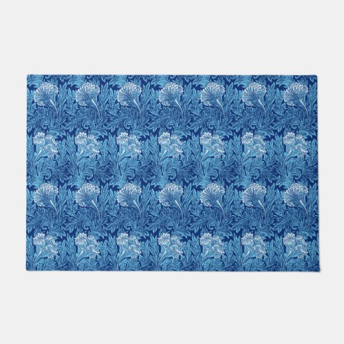 Jacobean Flower Damask Navy Sky Blue and White Doormat