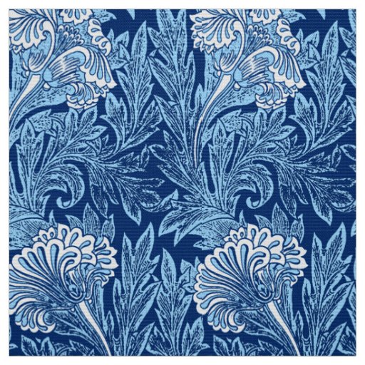 Jacobean Flower Damask, Navy, Sky Blue and White Fabric