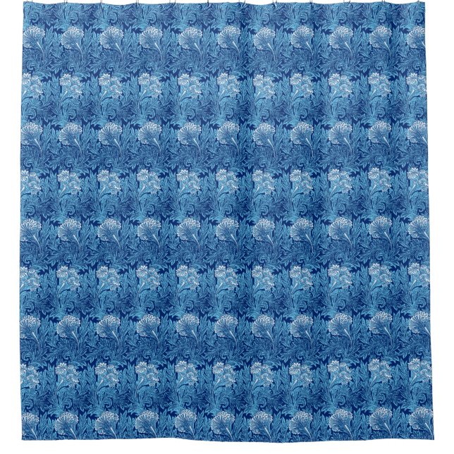 Jacobean Flower Damask, Navy, Sky Blue and White Shower Curtain (Front)
